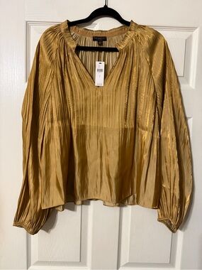 Current Air Metallic Gold Pleated V-Neck Blouse
